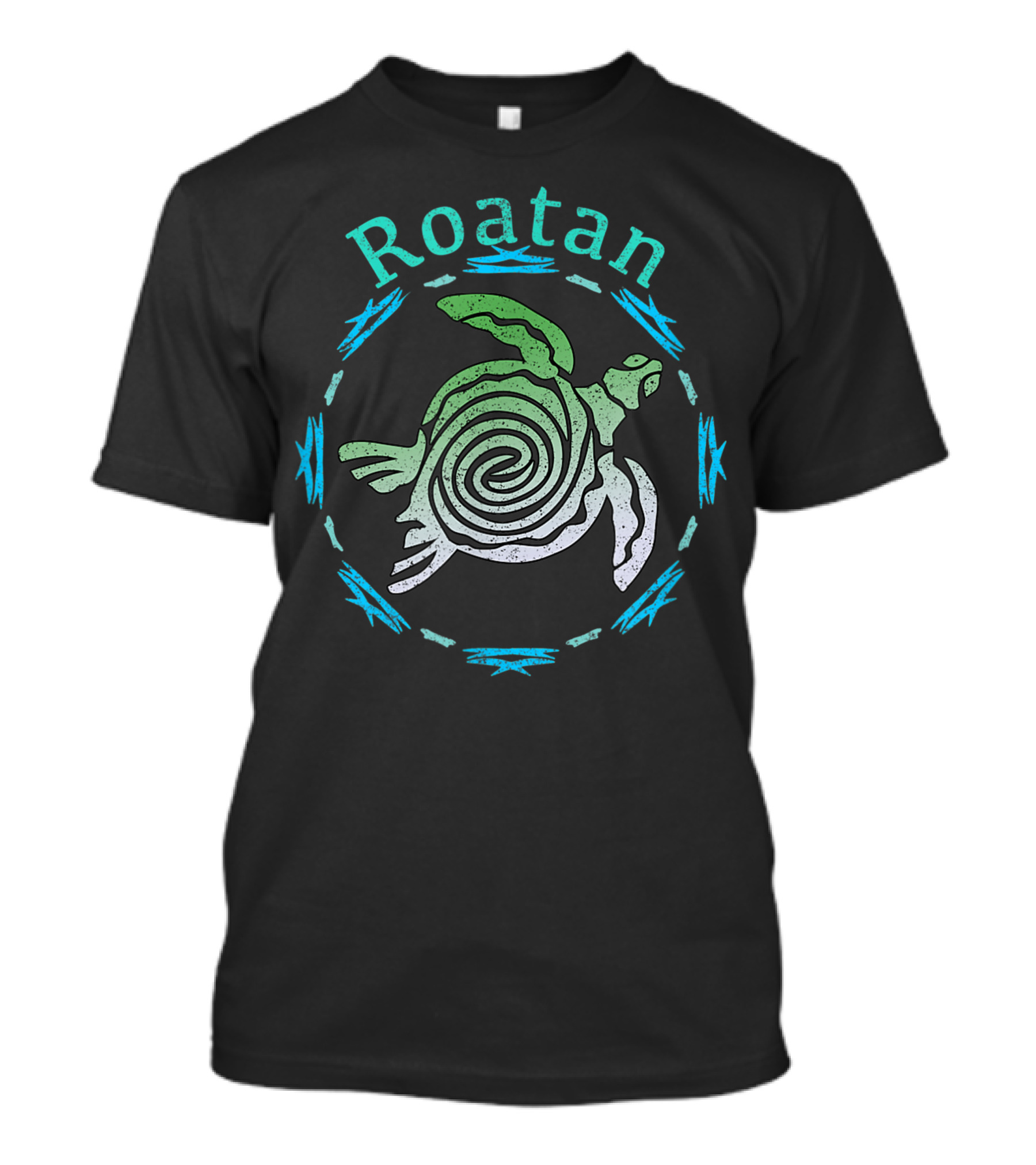 Roatan Spiral Turtle In Vintage Tribal Style With Blue And Green Accents T-Shirt
