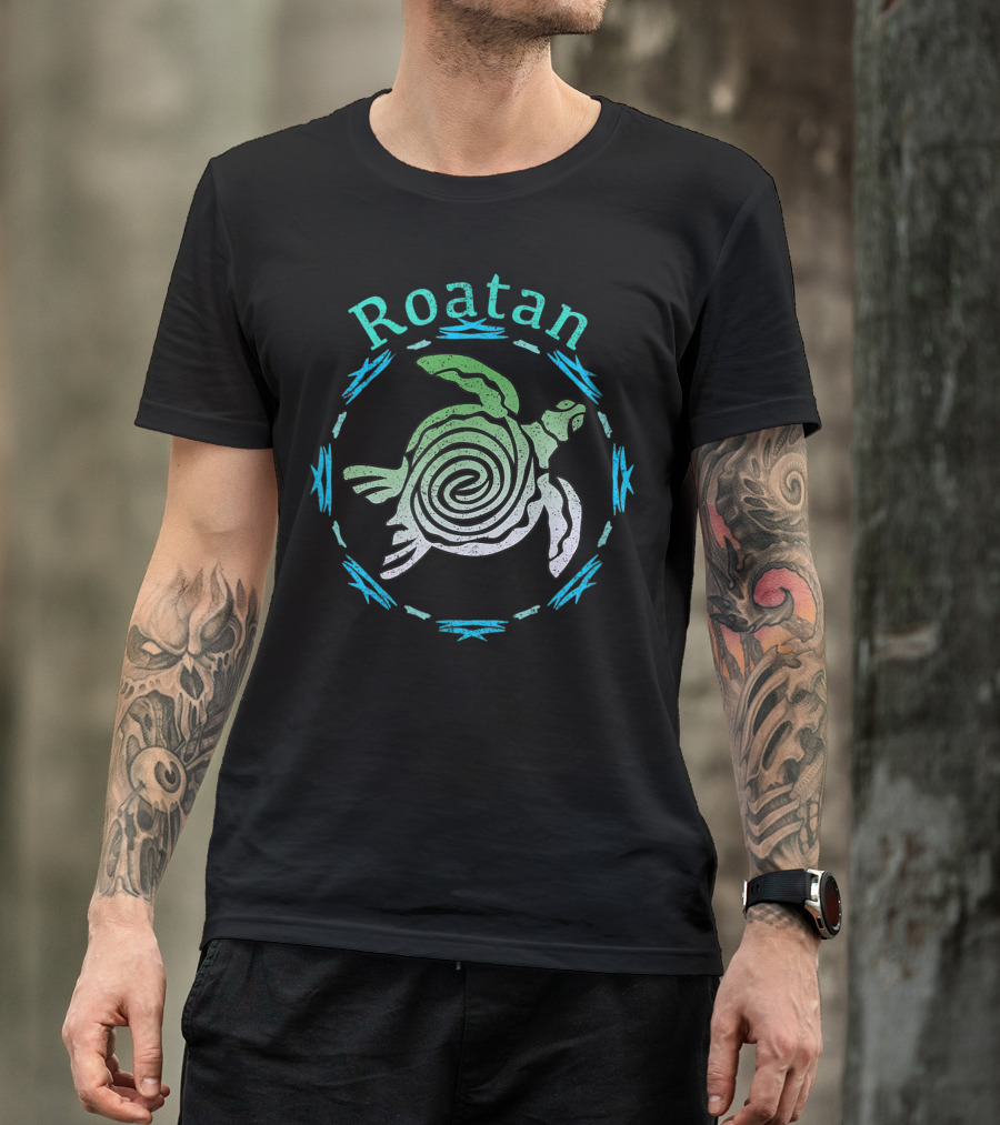 Roatan Spiral Turtle In Vintage Tribal Style With Blue And Green Accents T-Shirt