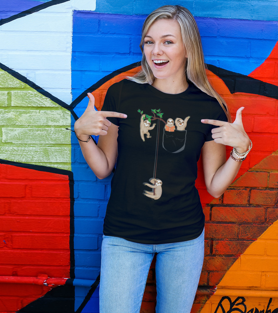 T Happy Sloth Family Hanging Out In Pocket Habitat T-Shirt