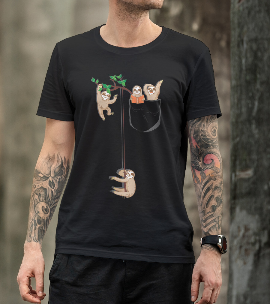 T Happy Sloth Family Hanging Out In Pocket Habitat T-Shirt