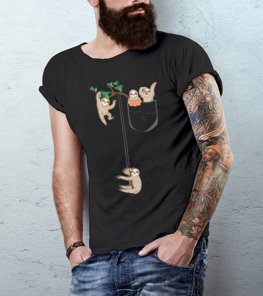 T Happy Sloth Family Hanging Out In Pocket Habitat T-Shirt