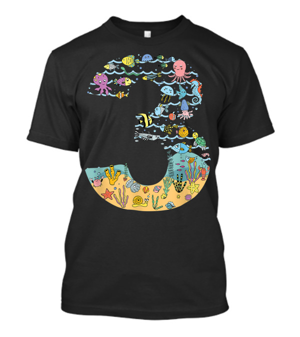 Under The Sea Fish Starfish Octopus Seahorse Turtle Third Birthday Number 3 T-Shirt
