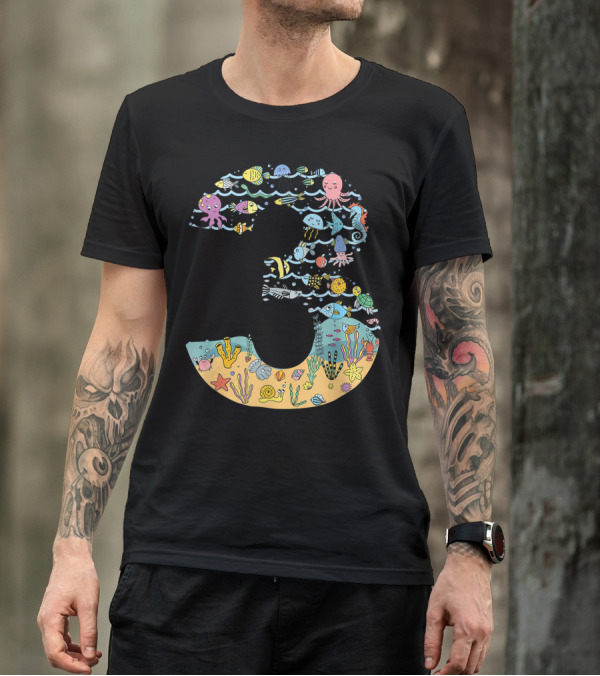 Under The Sea Fish Starfish Octopus Seahorse Turtle Third Birthday Number 3 T-Shirt