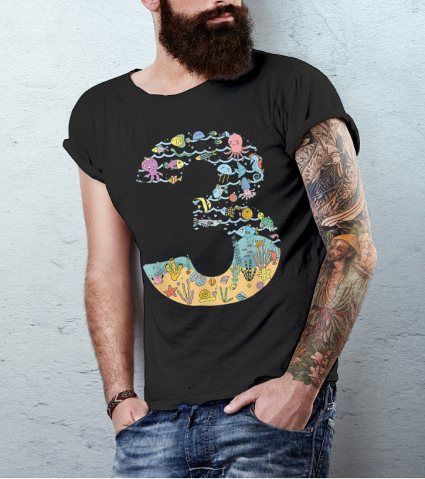 Under The Sea Fish Starfish Octopus Seahorse Turtle Third Birthday Number 3 T-Shirt