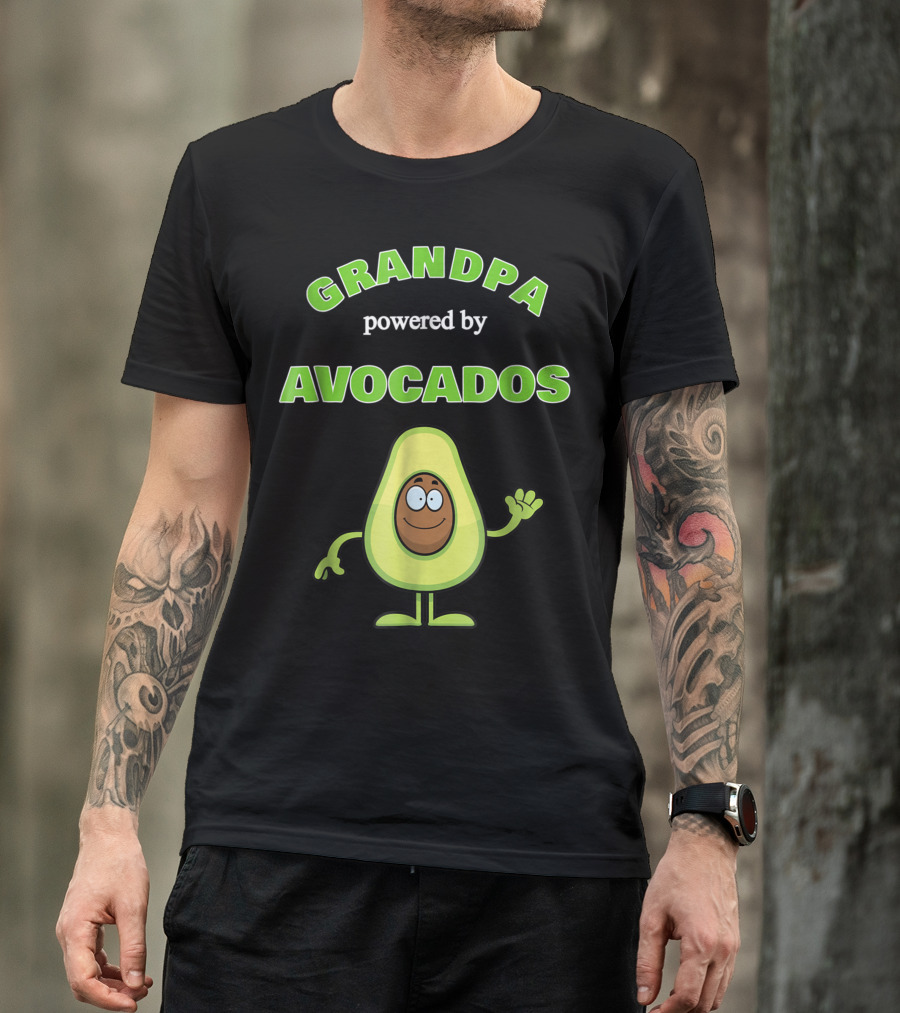 Grandpa Powered By Avocados With Smiling Cartoon Avocado Character T-Shirt