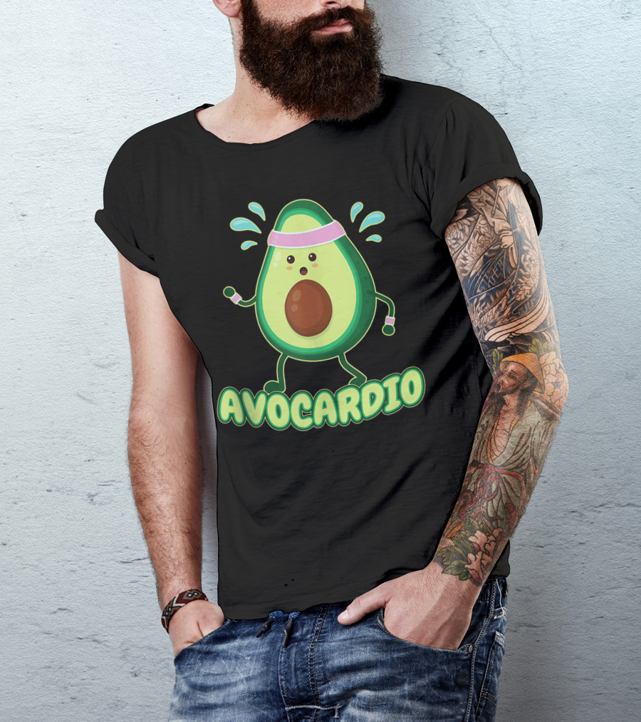 Avocardio Avo Cardio Exercising Fitness Gym Running Avocado With Headband And Sweat Drops T-Shirt