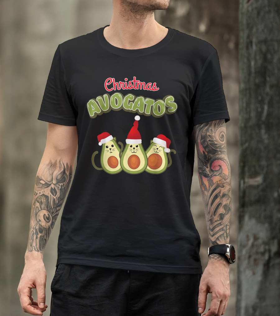 Christmas Avogatos Vegan Avocado Cat Trio With Santa Hats T-Shirt