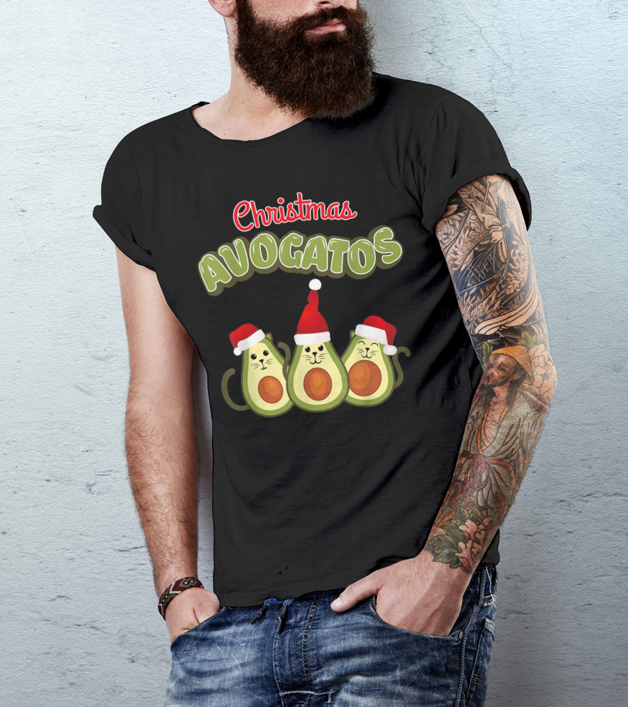Christmas Avogatos Vegan Avocado Cat Trio With Santa Hats T-Shirt