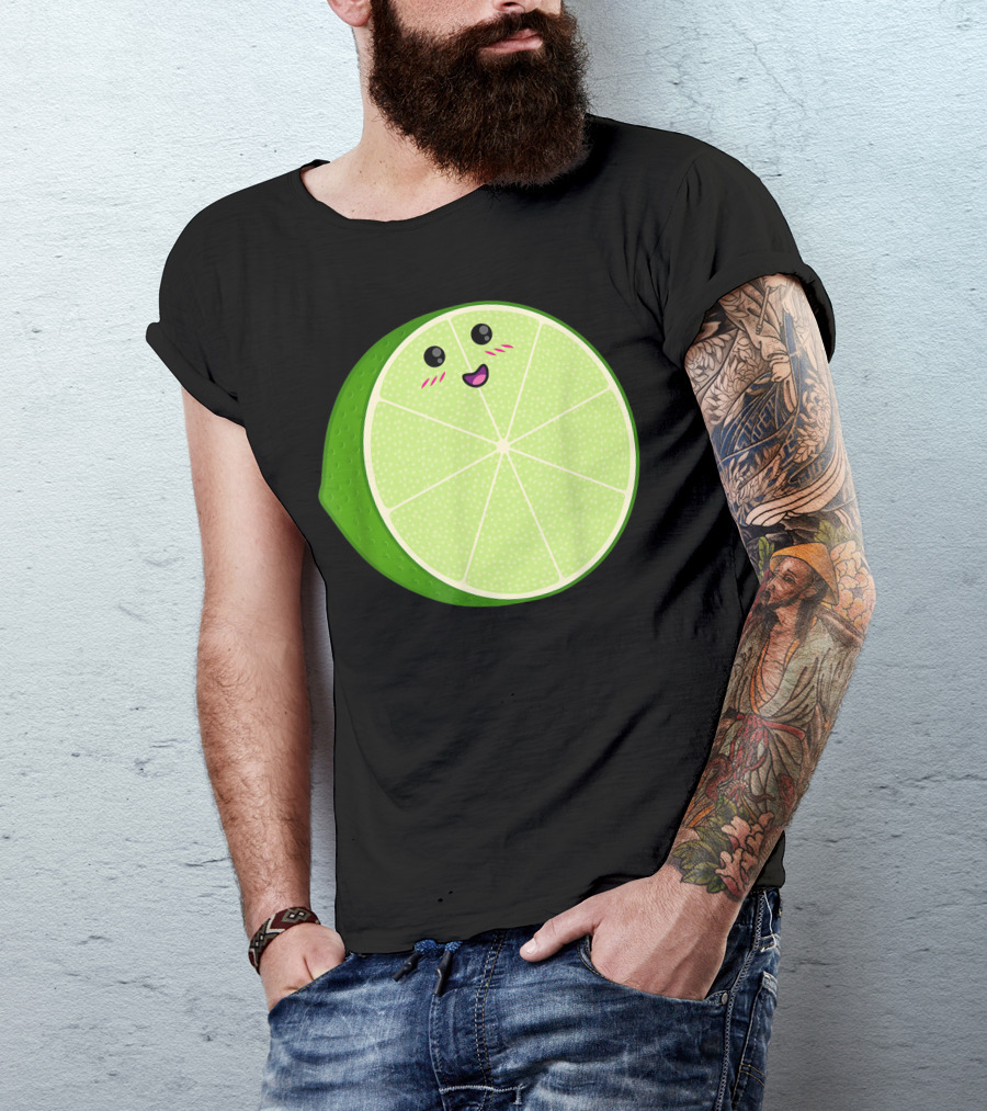 Big Sliced Lime Kawaii Halloween Citrus Fruit Face T-Shirt