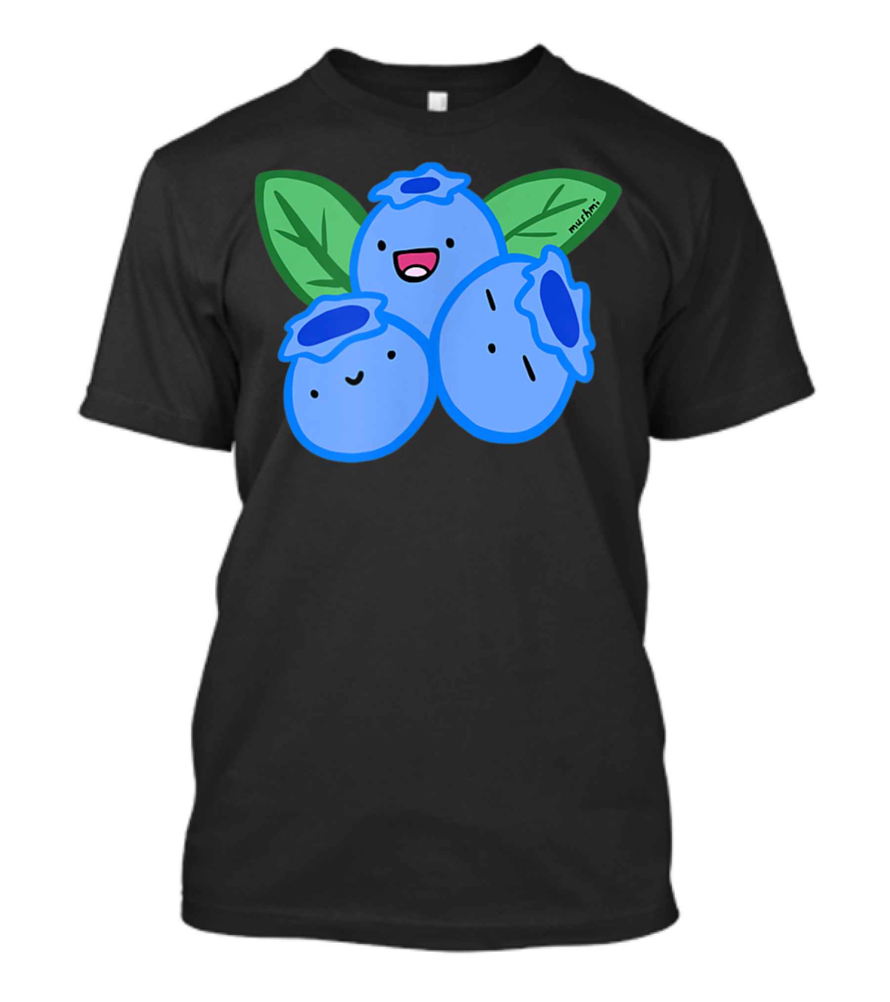 Blueberry Cute Kawaii Anime Vegan Frui Happy Smiling Blueberries With Leaf By Mushmi T-Shirt