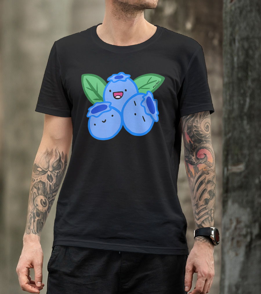 Blueberry Cute Kawaii Anime Vegan Frui Happy Smiling Blueberries With Leaf By Mushmi T-Shirt