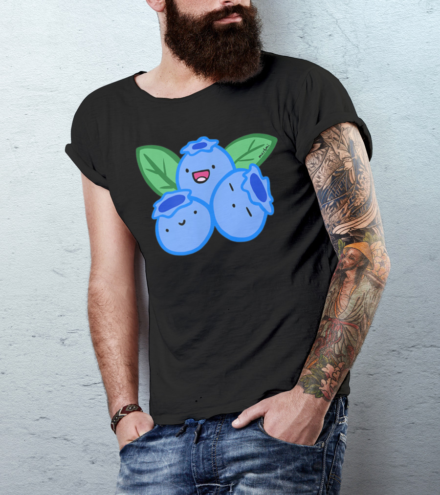 Blueberry Cute Kawaii Anime Vegan Frui Happy Smiling Blueberries With Leaf By Mushmi T-Shirt