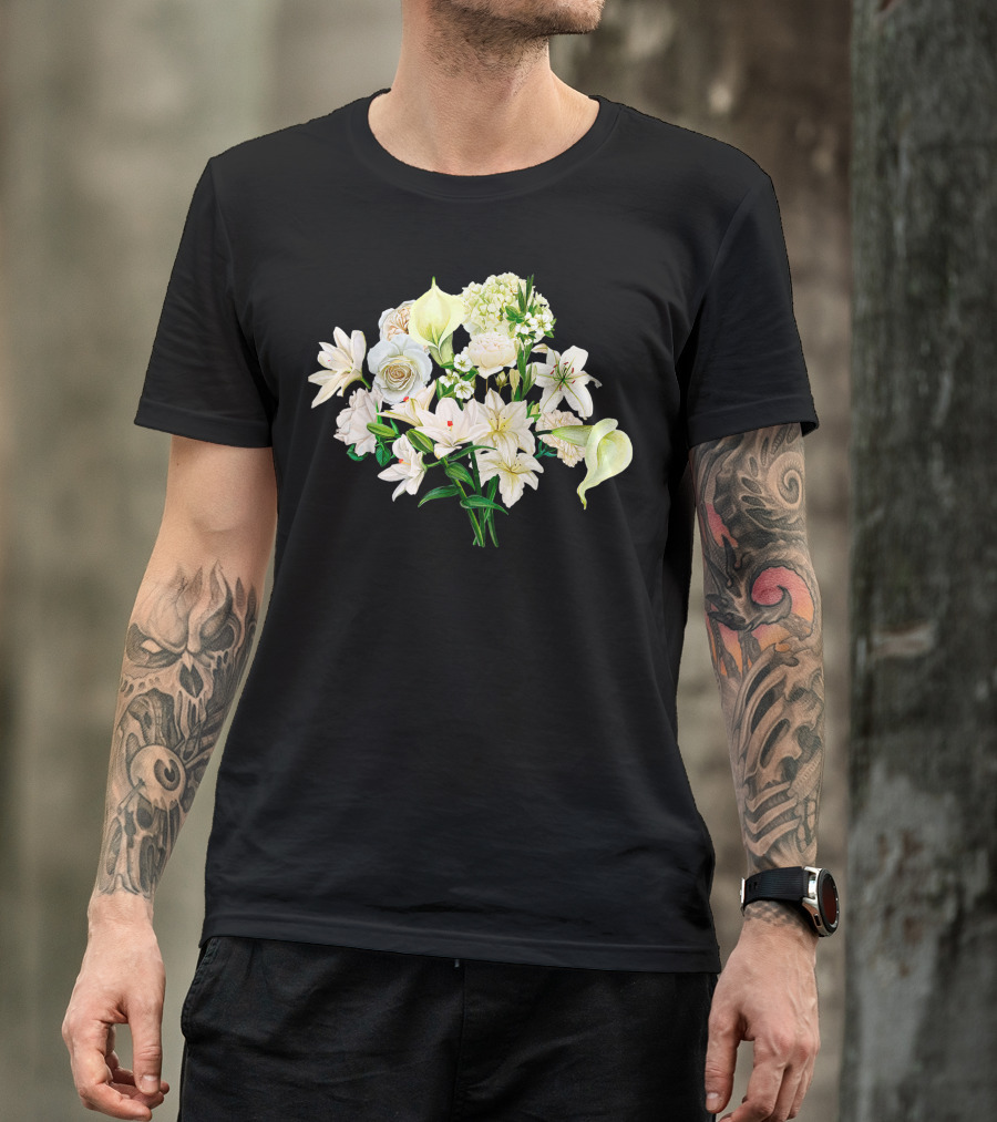 Bouquet Of Flowers Gardening Planting Hobby White Lily Rose Hydrangea Calla Lily Blossom Arrangement 15 T-Shirt