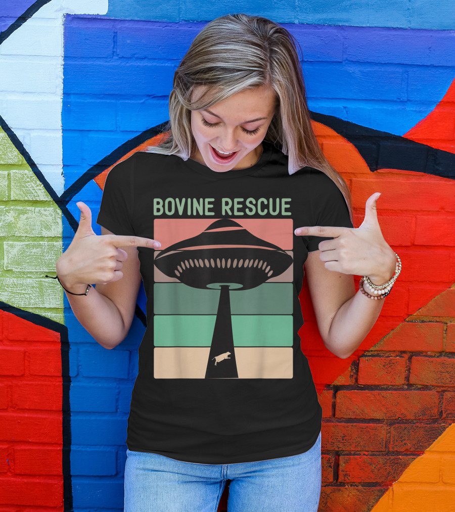 Bovine Rescue Vegan Rancher Alien UFO Cow Abduction Retro Stripes T-Shirt