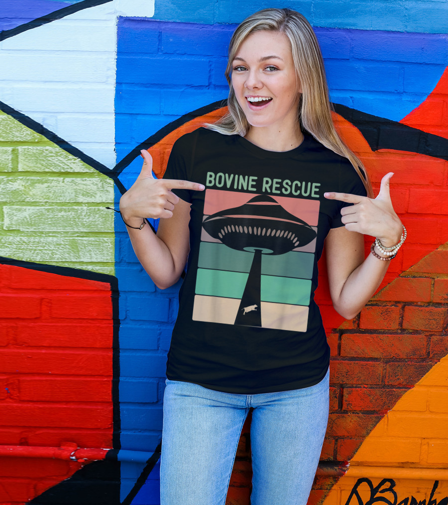Bovine Rescue Vegan Rancher Alien UFO Cow Abduction Retro Stripes T-Shirt