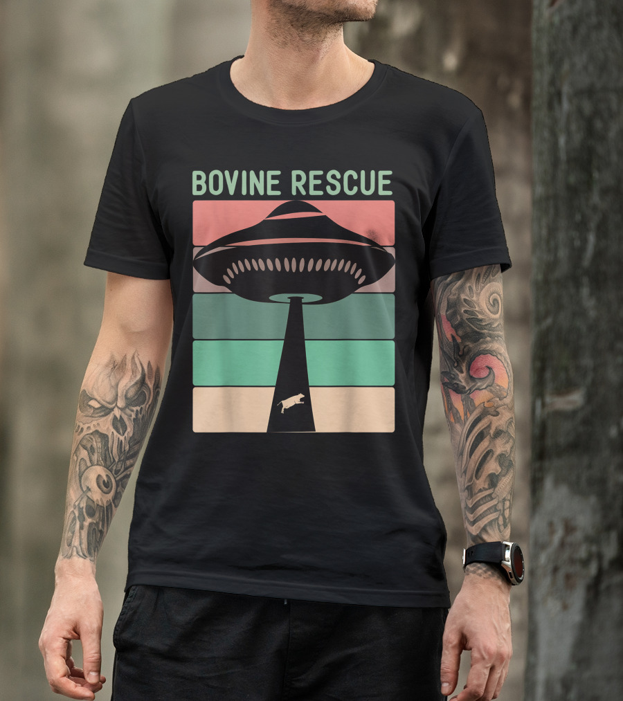 Bovine Rescue Vegan Rancher Alien UFO Cow Abduction Retro Stripes T-Shirt