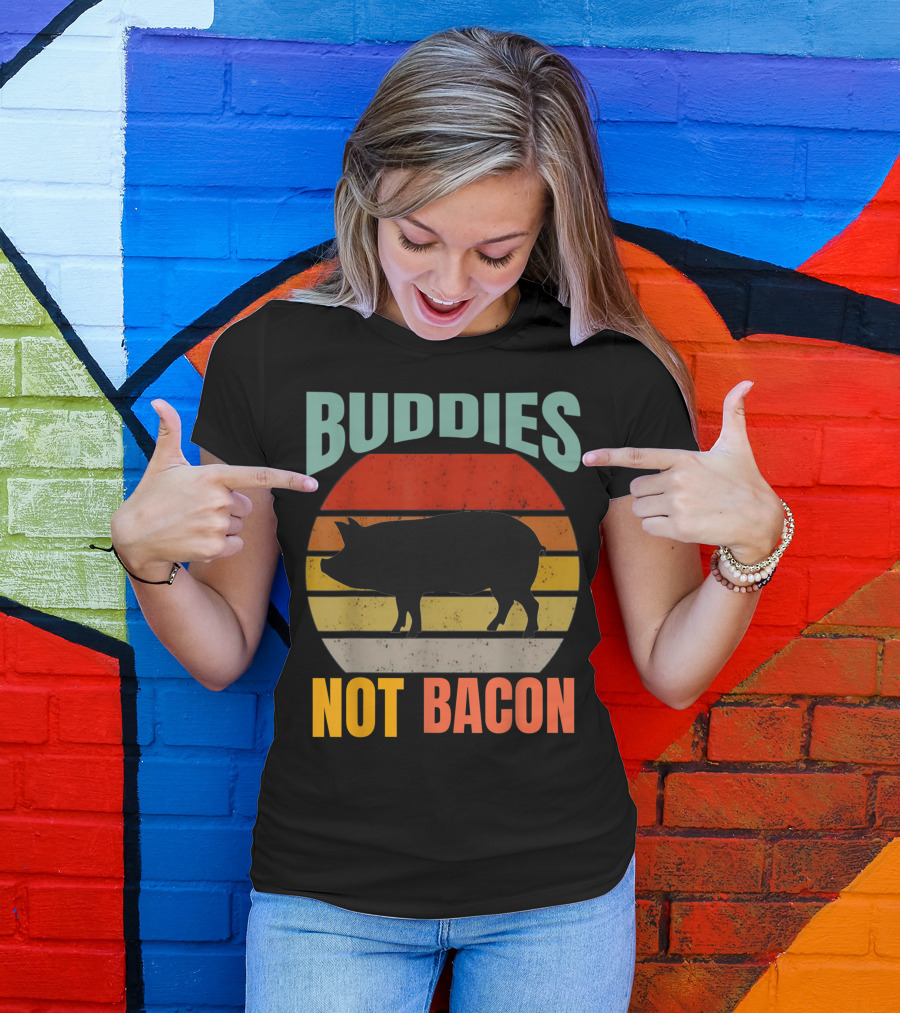 Buddies Not Bacon Cute Pig Vegan Vintage Piggy Retro Stripes T-Shirt