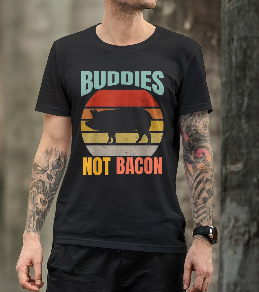 Buddies Not Bacon Cute Pig Vegan Vintage Piggy Retro Stripes T-Shirt