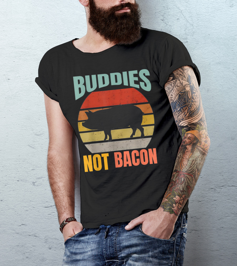 Buddies Not Bacon Cute Pig Vegan Vintage Piggy Retro Stripes T-Shirt