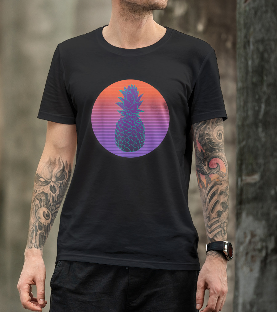 Classic Retro Sunset Striped Pineapple Fruit T-Shirt