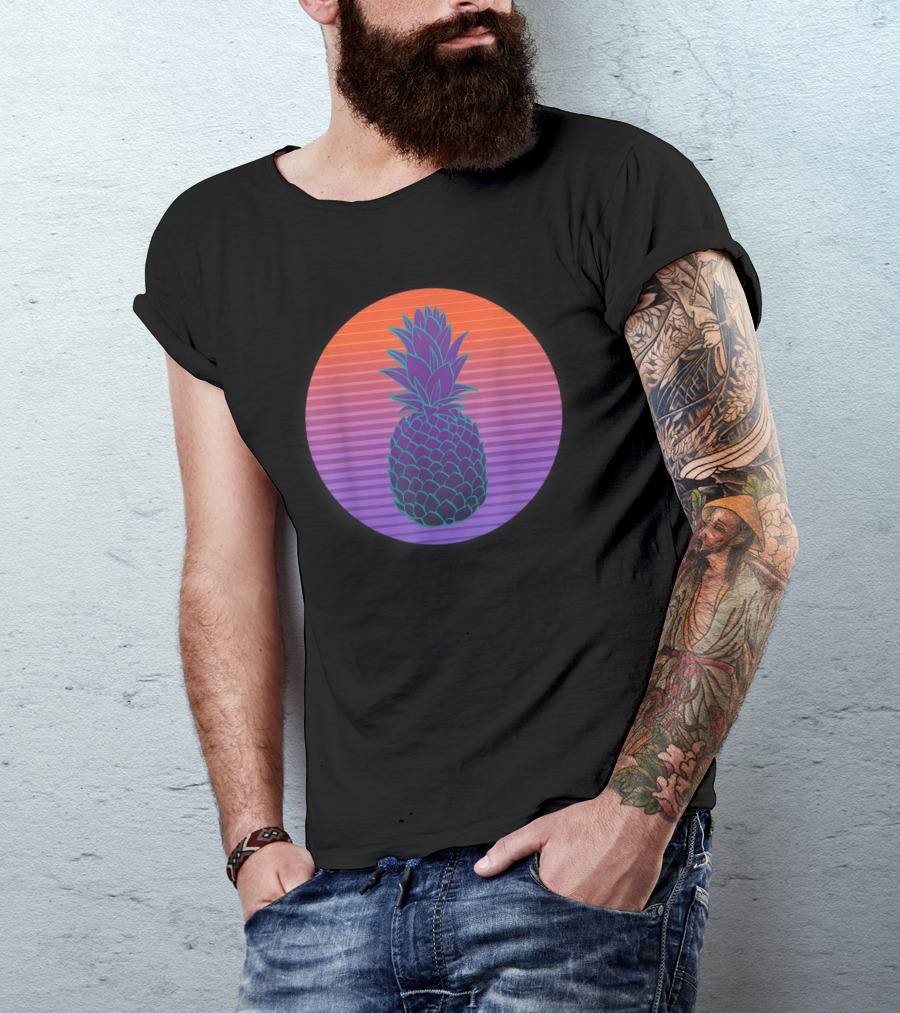Classic Retro Sunset Striped Pineapple Fruit T-Shirt