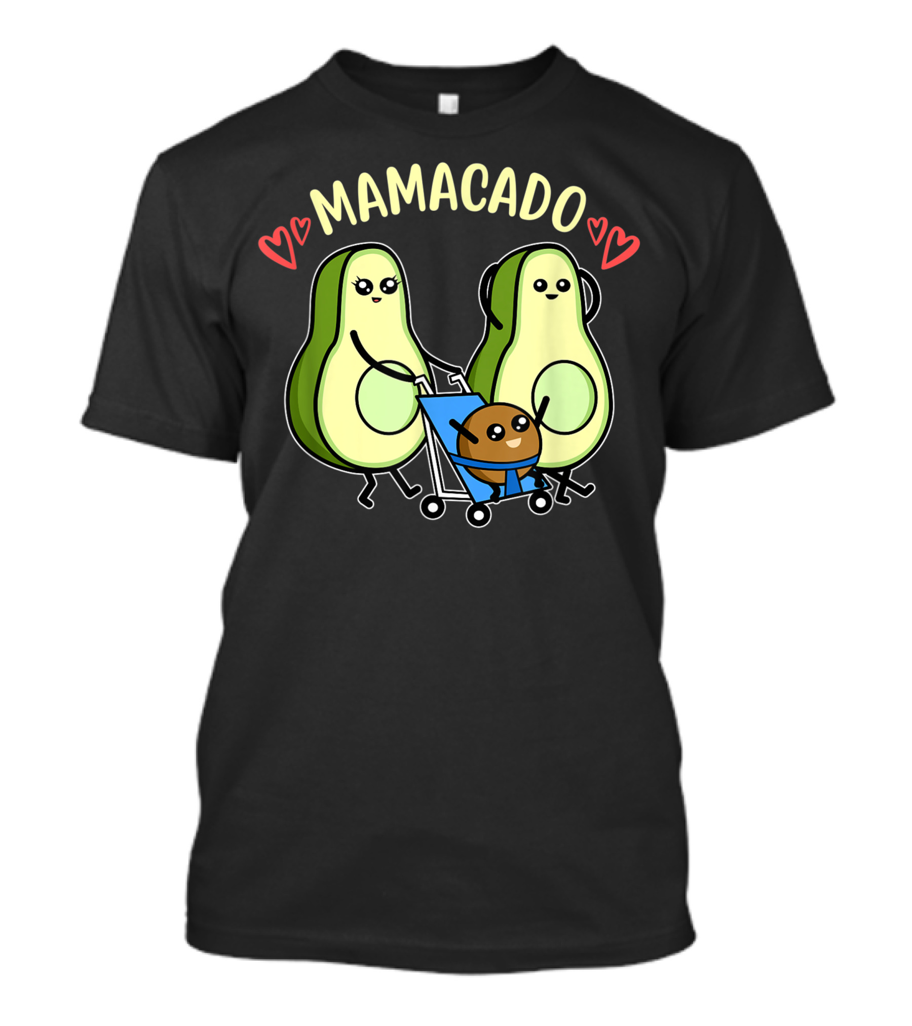 Mamacado Cute Avocado Pregnancy Mom To Be With Baby In Stroller And Hearts T-Shirt