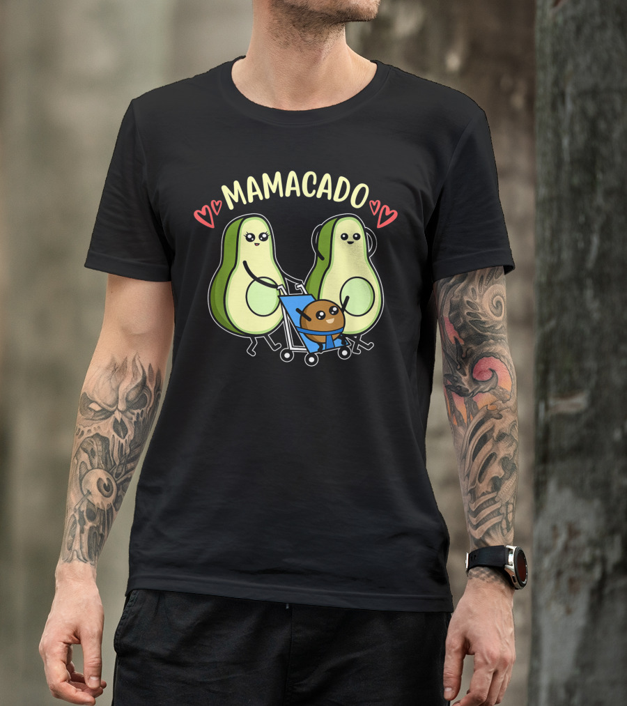 Mamacado Cute Avocado Pregnancy Mom To Be With Baby In Stroller And Hearts T-Shirt