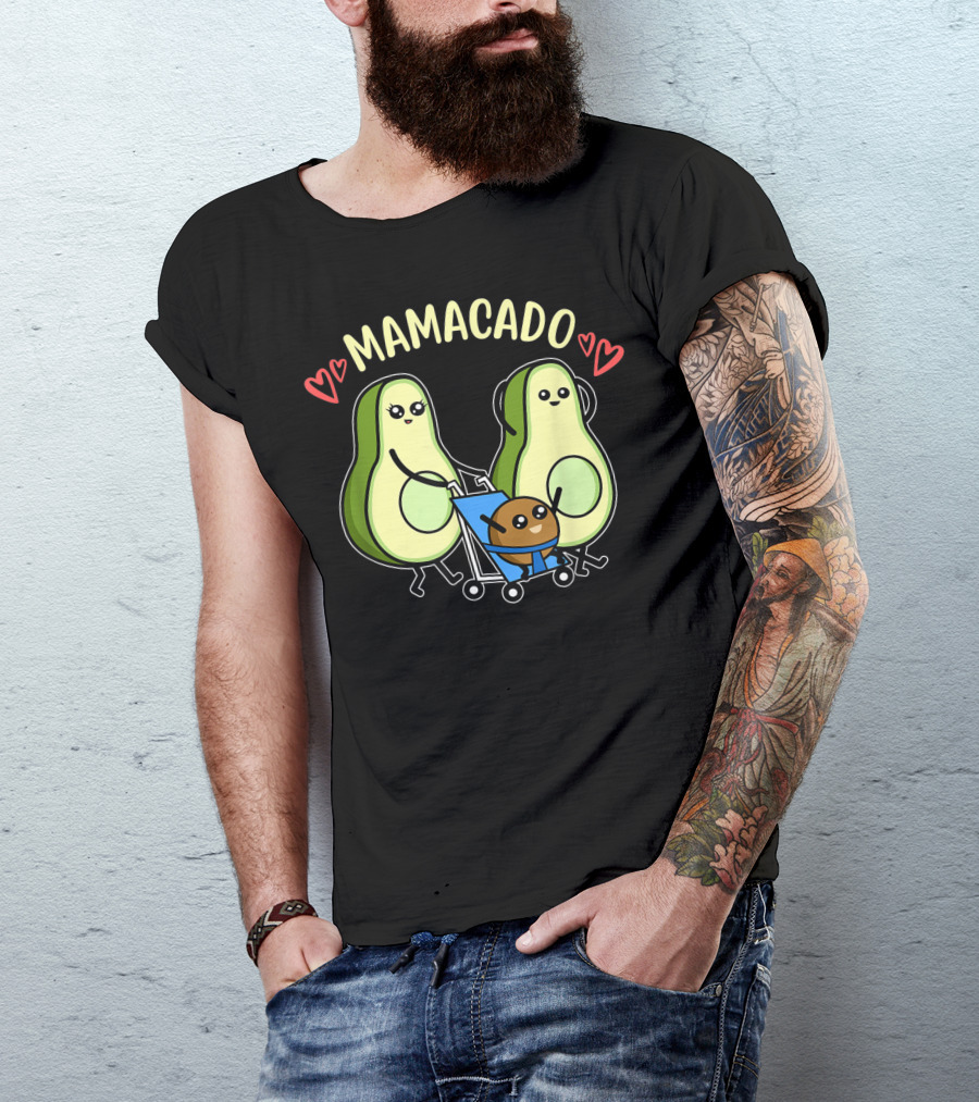 Mamacado Cute Avocado Pregnancy Mom To Be With Baby In Stroller And Hearts T-Shirt