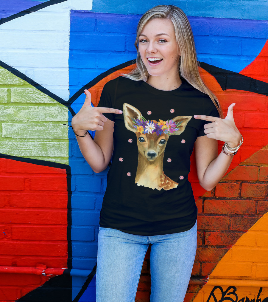 Cute Deer Girl Fawn Deer Costume Floral Crown Deer 9P T-Shirt