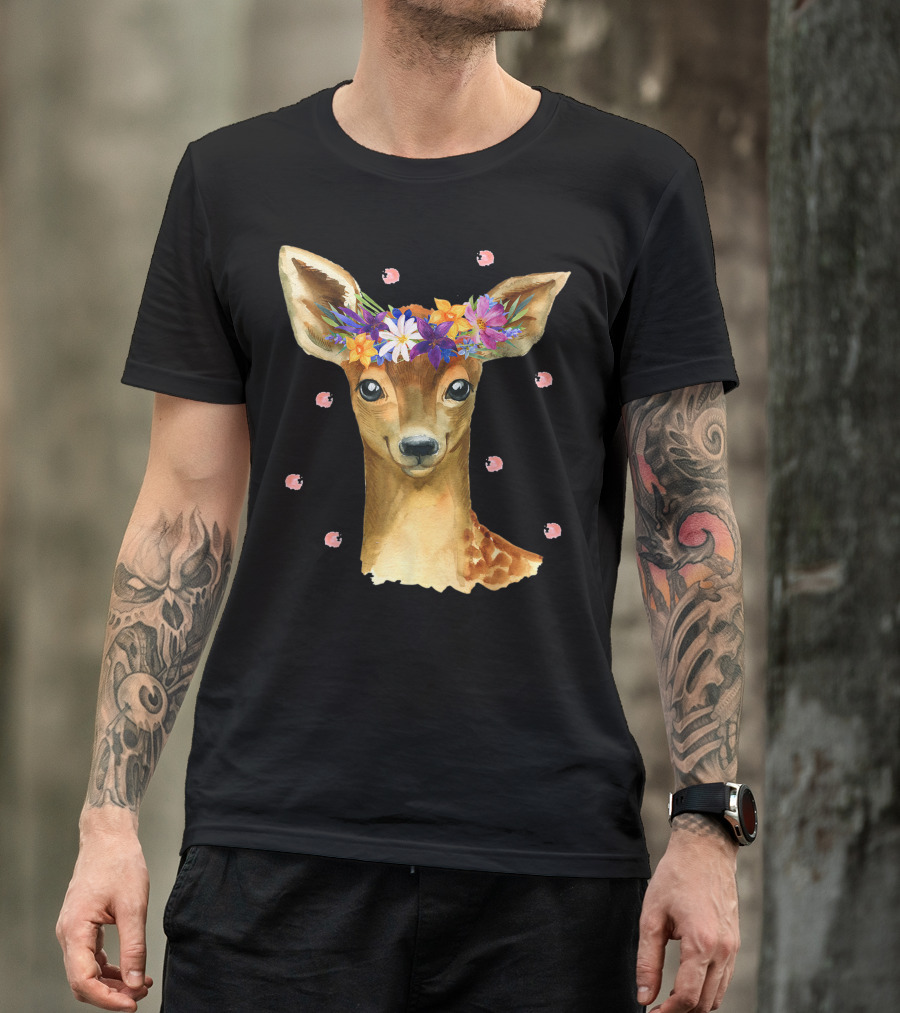 Cute Deer Girl Fawn Deer Costume Floral Crown Deer 9P T-Shirt