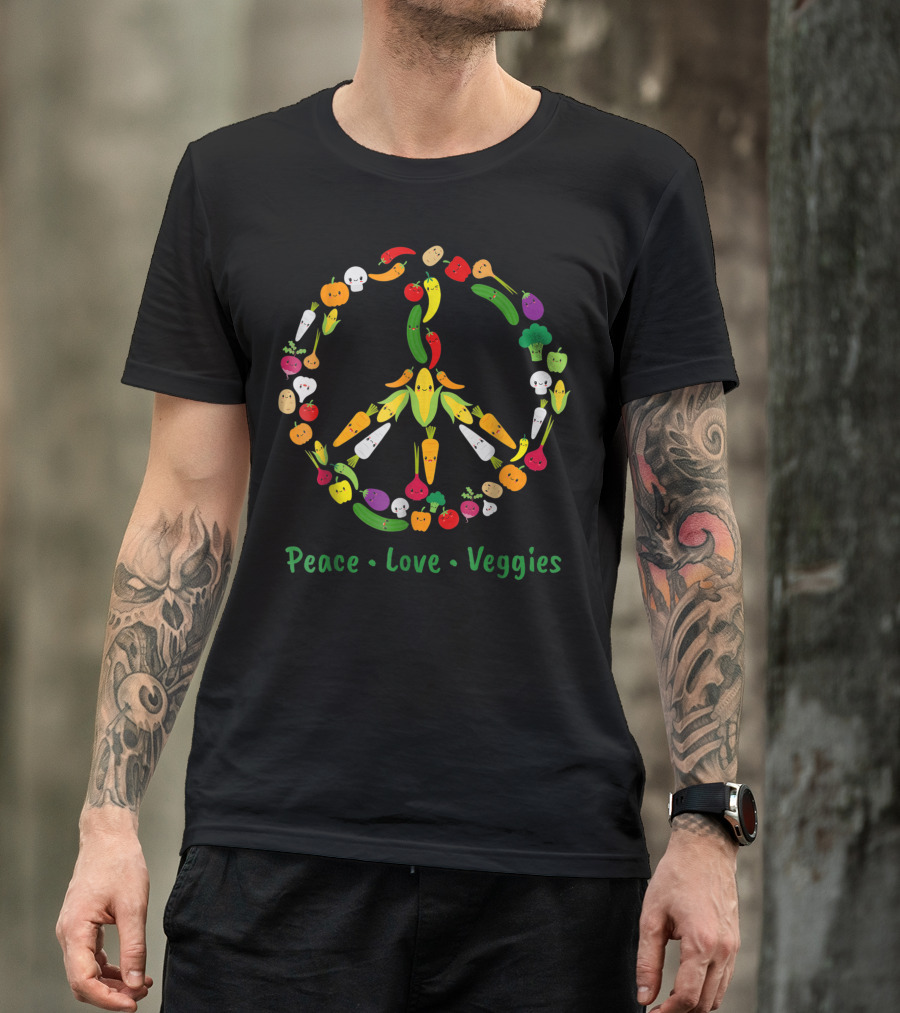 Peace Love Veggies Cute Kawaii Vegetable Veggie Peace Sign Vegan T-Shirt