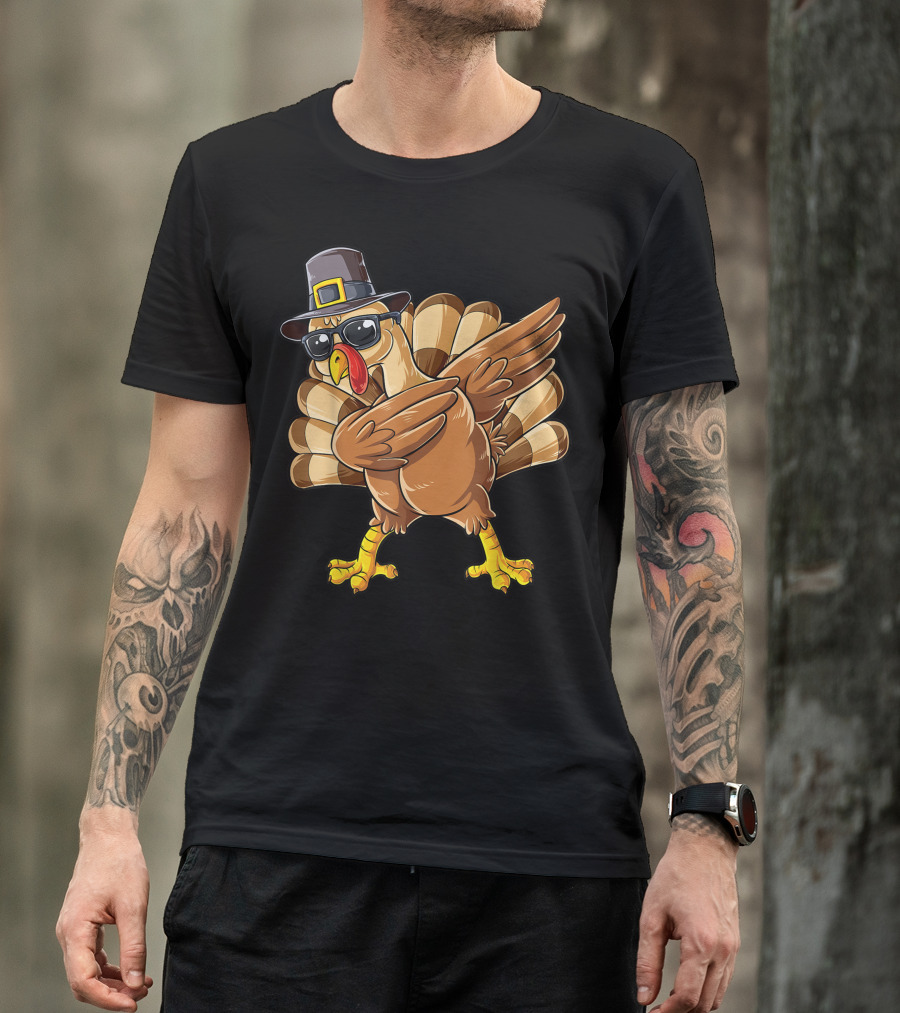 Dabbing Turkey Thanksgiving Day Pilgrim Boys 4D Cool Sunglasses Pilgrim Hat T-Shirt