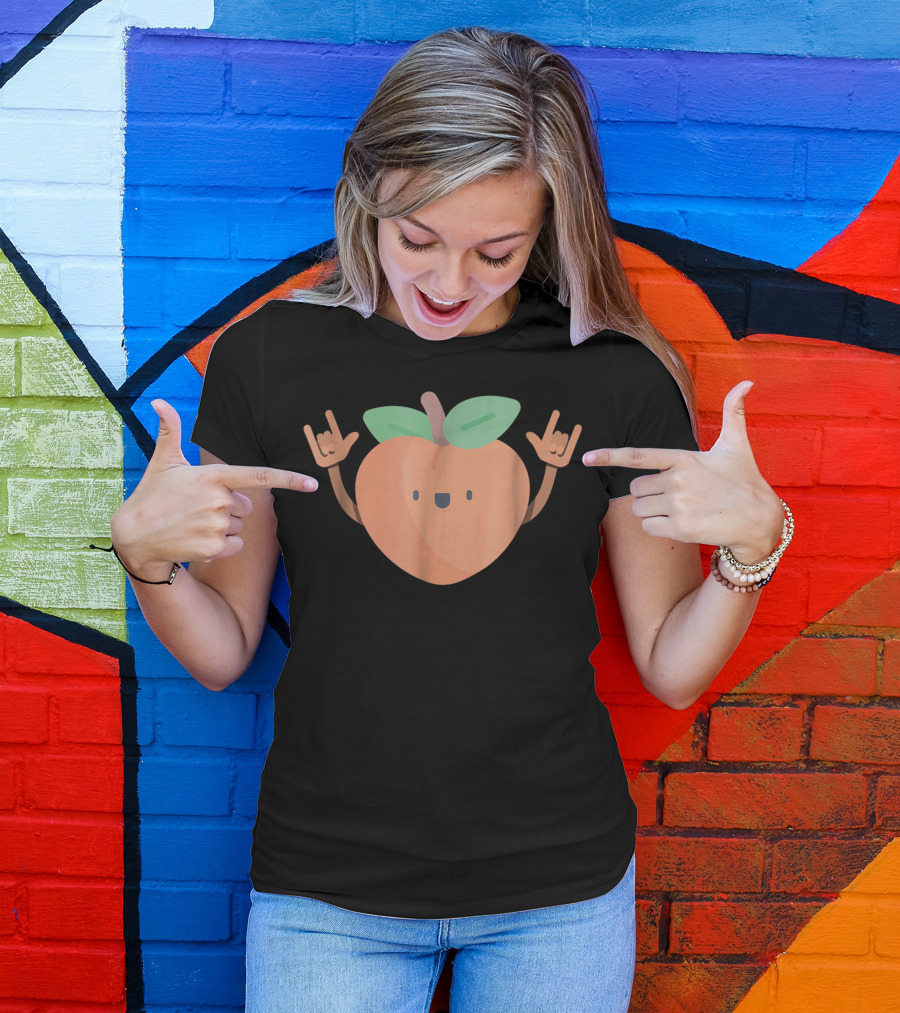 Dancing Peach Fruit Dancer With Rock And Roll Hand Signs T-Shirt