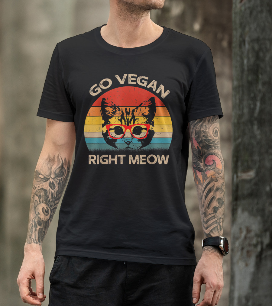 Go Vegan Right Meow Retro Cat With Glasses T-Shirt