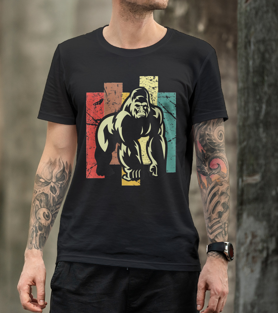 Gorilla 70s Vintage Animal Lover Retro Stripes T-Shirt
