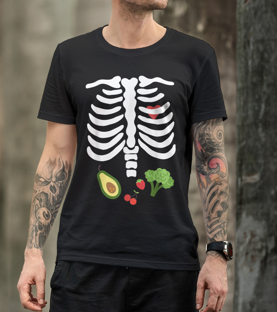 Halloween Skeleton Rib Cage With Heart And Vegan Avocado Broccoli Strawberry Cherries T-Shirt