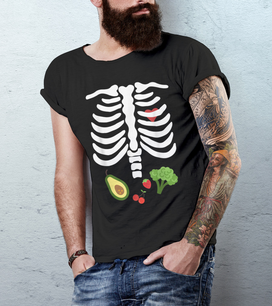 Halloween Skeleton Rib Cage With Heart And Vegan Avocado Broccoli Strawberry Cherries T-Shirt