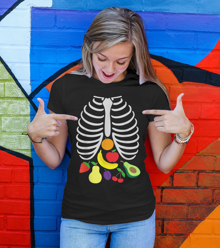 Halloween Xray Pregnant Skeleton Fruit Vegan Reveal T-Shirt