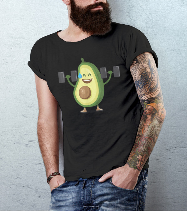 Happy Avocado Lifting Weights Workout Cartoon T-Shirt