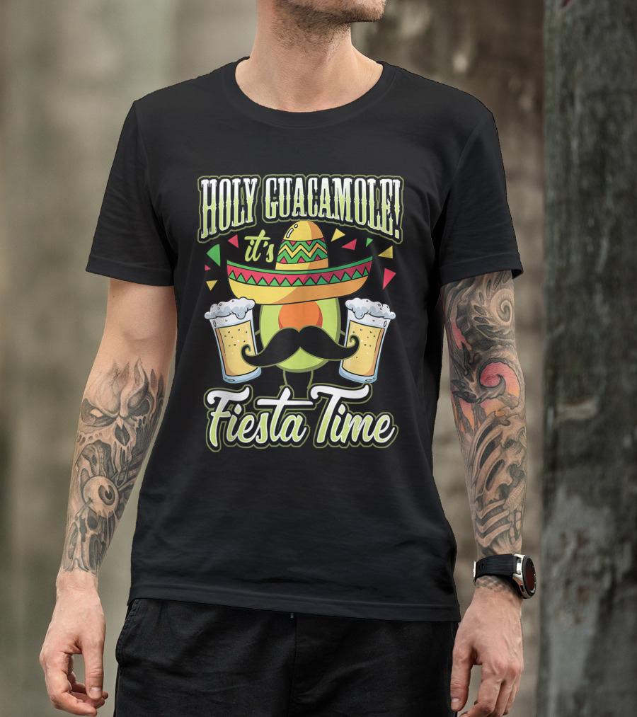 Holy Guacamole It's Fiesta Time Avocado Sombrero Beer Mustache Mexican Pun T-Shirt