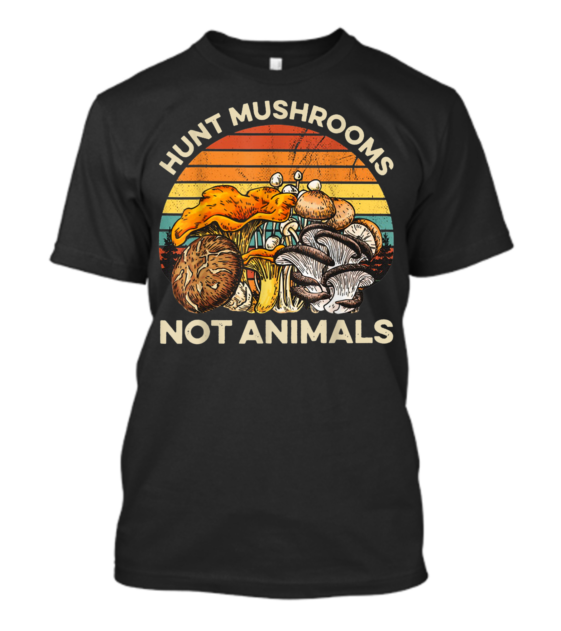 Hunt Mushrooms Not Animals Vintage Rainbow Sunset Forest Scene T-Shirt