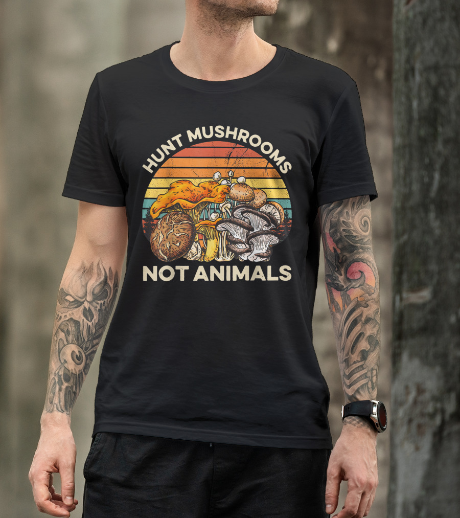 Hunt Mushrooms Not Animals Vintage Rainbow Sunset Forest Scene T-Shirt