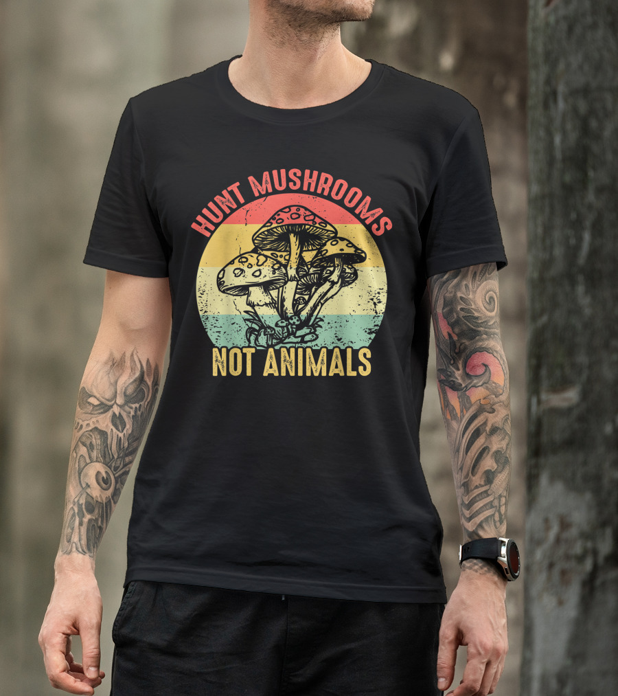 Hunt Mushrooms Not Animals Vintage Style Vegetarian Fungi T-Shirt