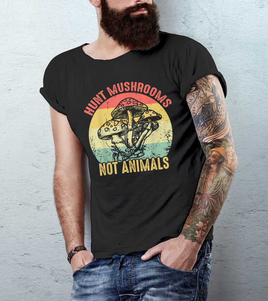 Hunt Mushrooms Not Animals Vintage Style Vegetarian Fungi T-Shirt