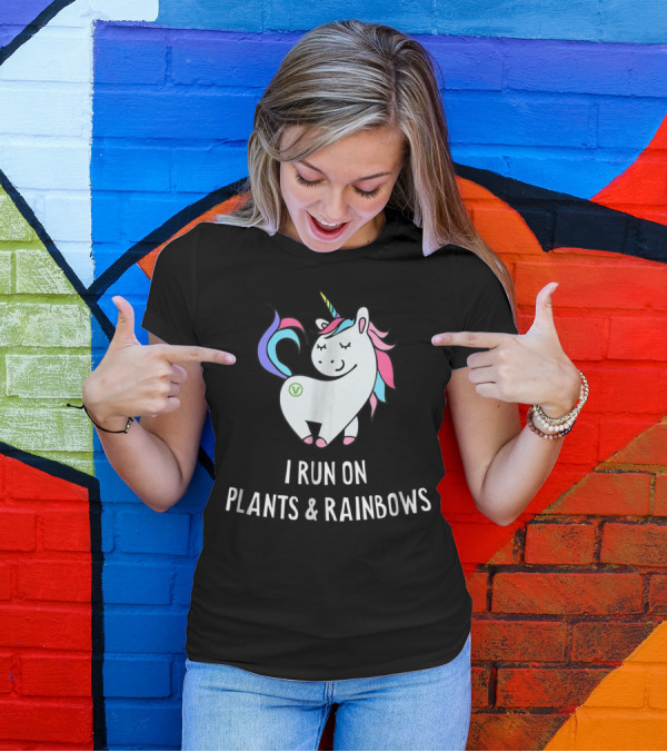 I Run On Plants And Rainbows Vegan Unicorn Colorful Mane T-Shirt