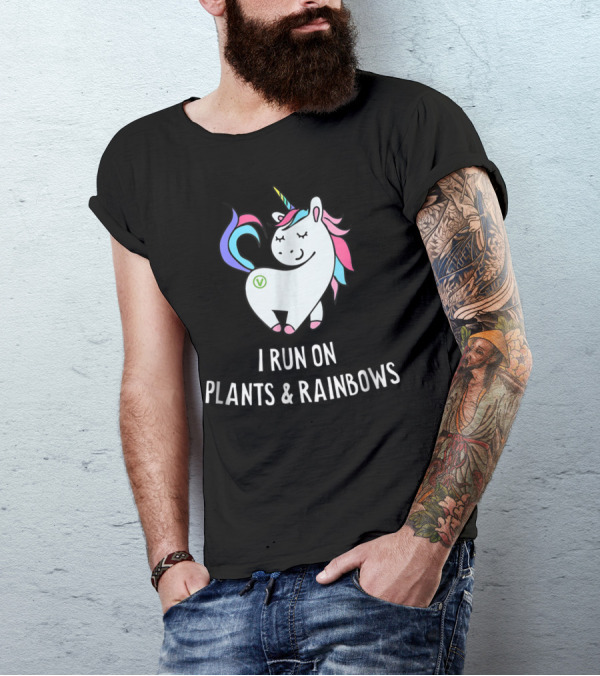 I Run On Plants And Rainbows Vegan Unicorn Colorful Mane T-Shirt