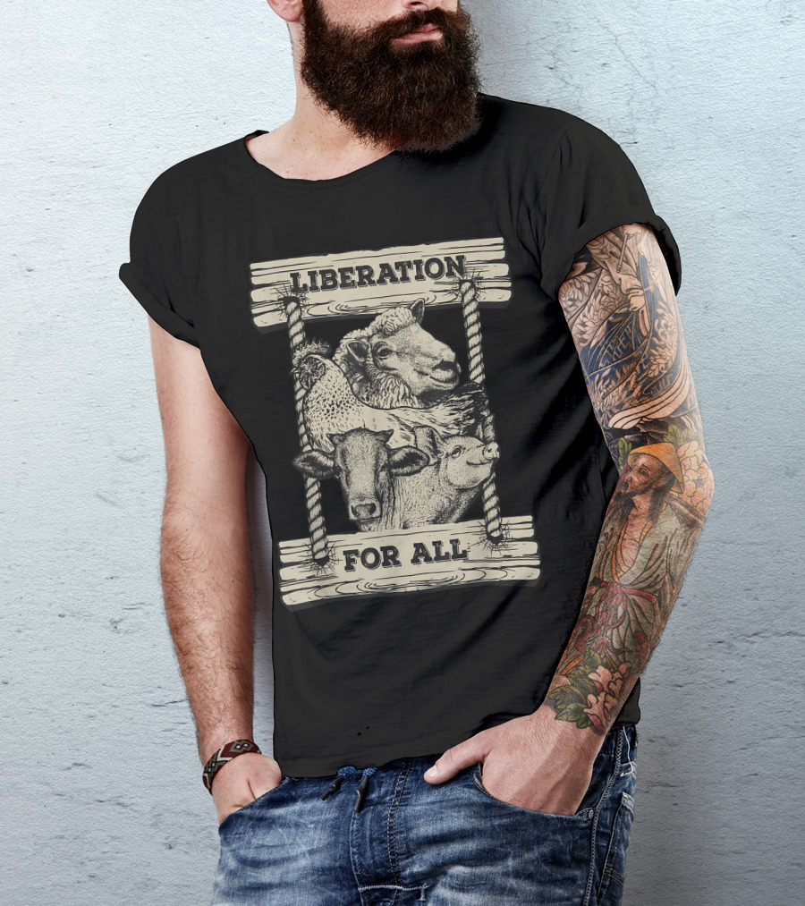 Liberation For All Vegan Animal Liberation Rooster Cow Sheep Pig T-Shirt