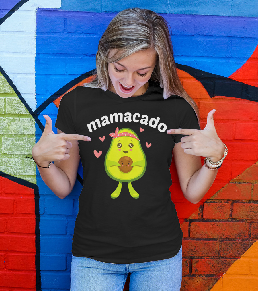 Mamacado Cute Avocado Pregnant Mom With Hearts And Baby Pit Inside T-Shirt