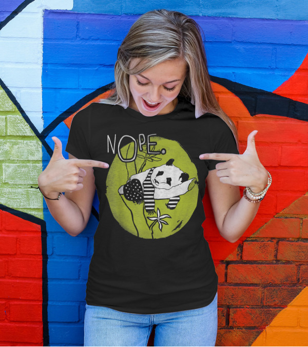 Nope Lazy Tired Panda Bear Cute Pet On Green Background T-Shirt