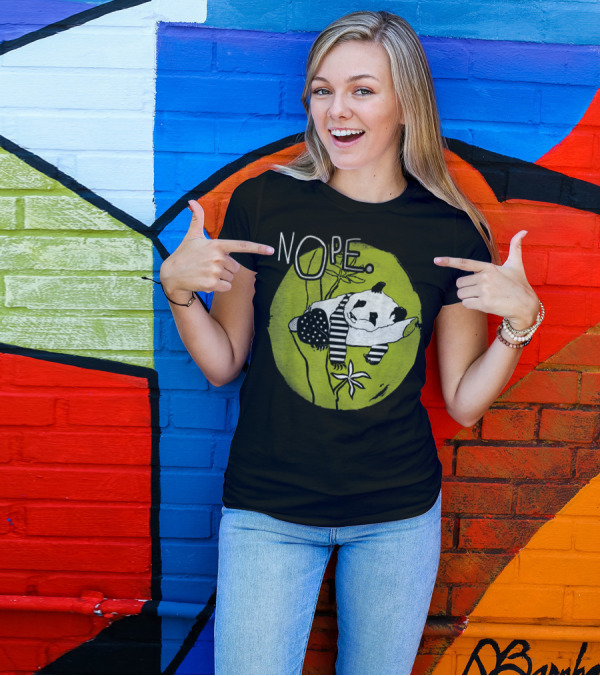 Nope Lazy Tired Panda Bear Cute Pet On Green Background T-Shirt